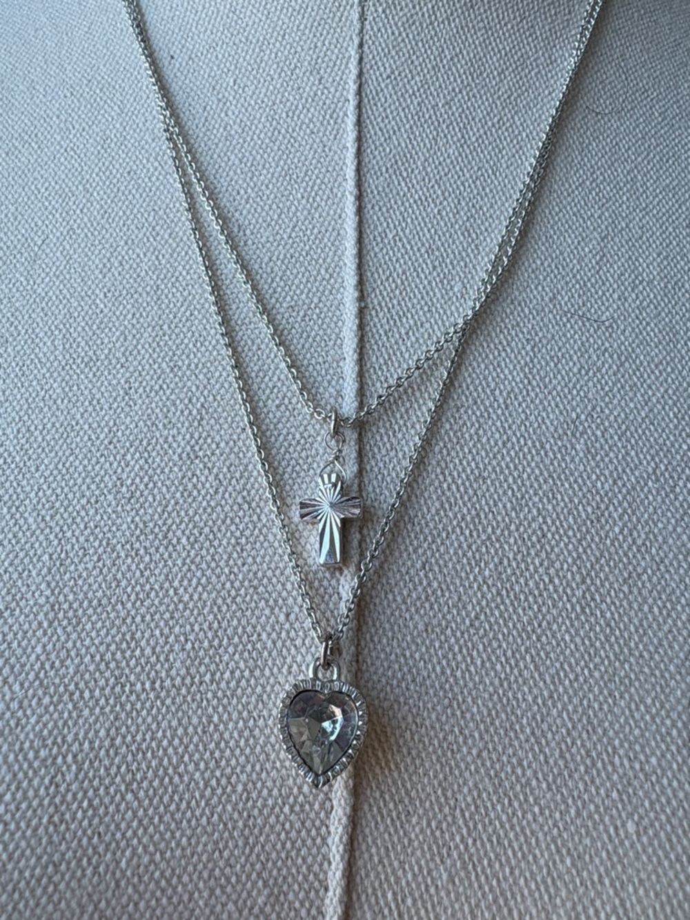 Vintage AVON Silver Layered Cross and Heart Pendant Necklace